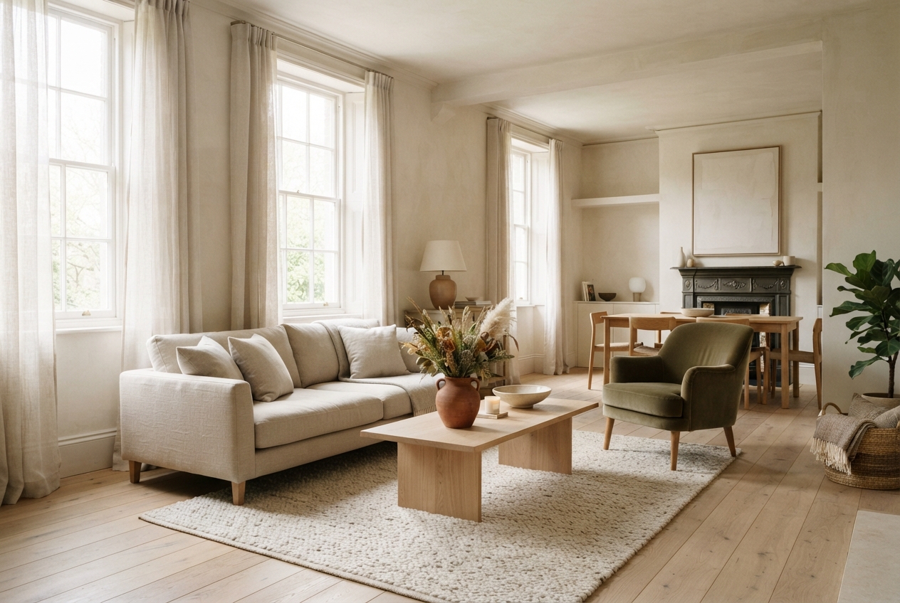 Bright neutral living room with sofa, coffee table, armchair, dining area, fireplace, tall windows, and houseplant.