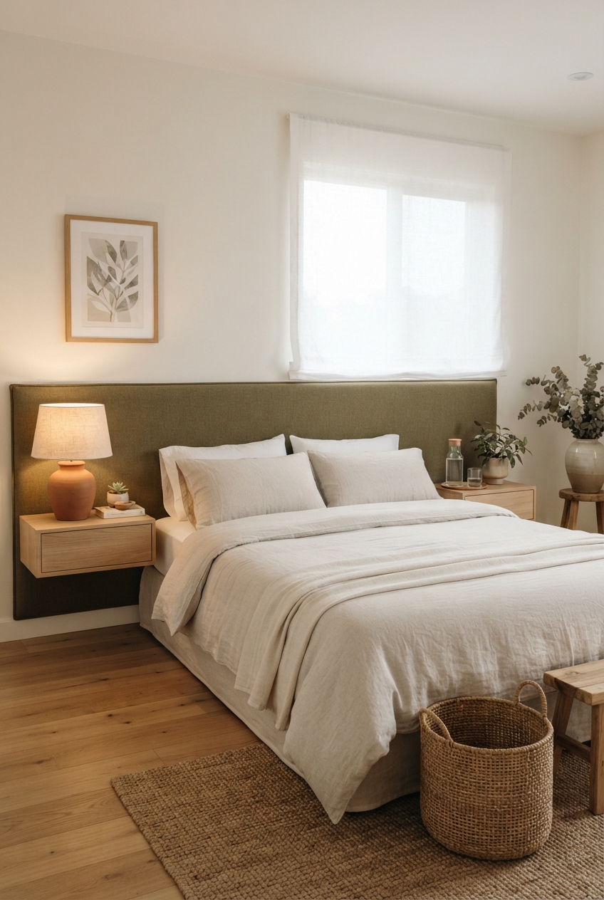 Calm neutral bedroom with a made bed, upholstered headboard, window, bedside tables, plants, woven rug, and basket.
