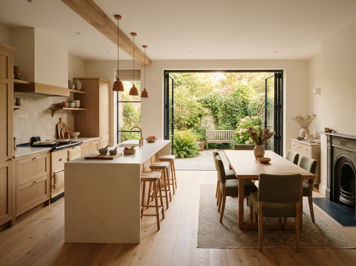 Warm open-plan kitchen and dining room with island, pendant lights, fireplace, and open doors to a lush garden.