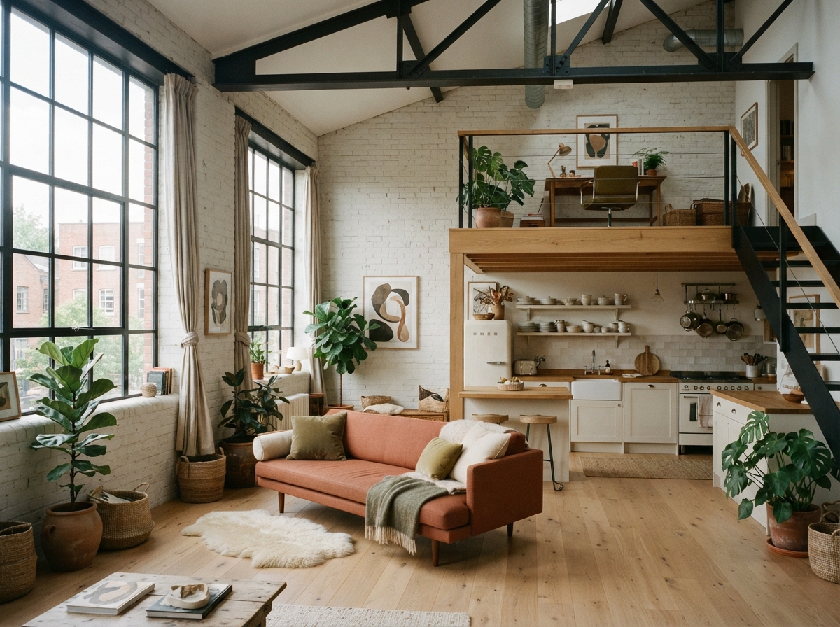 Bright industrial loft living room with salmon sofa, plants, mezzanine office, exposed brick, and compact kitchen.