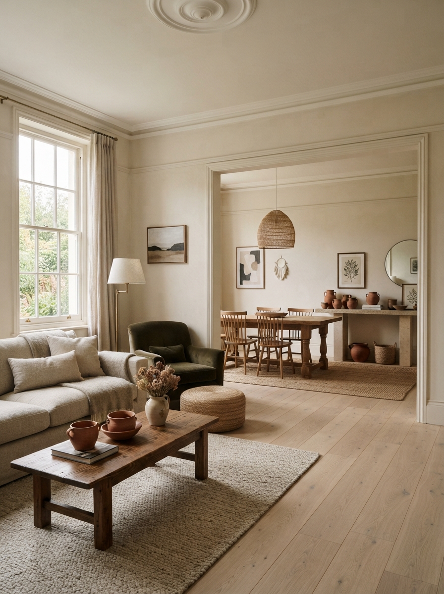 Warm neutral living room with sofa, wooden coffee table, dining area, woven pendant, artwork, and leafy window view.