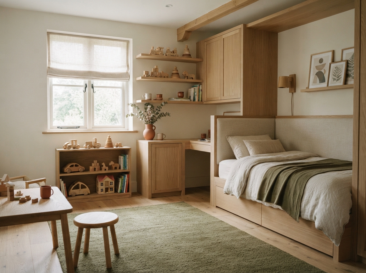 Warm minimalist children’s bedroom with a built-in bed, wooden toys, shelves, desk, window, and green rug.