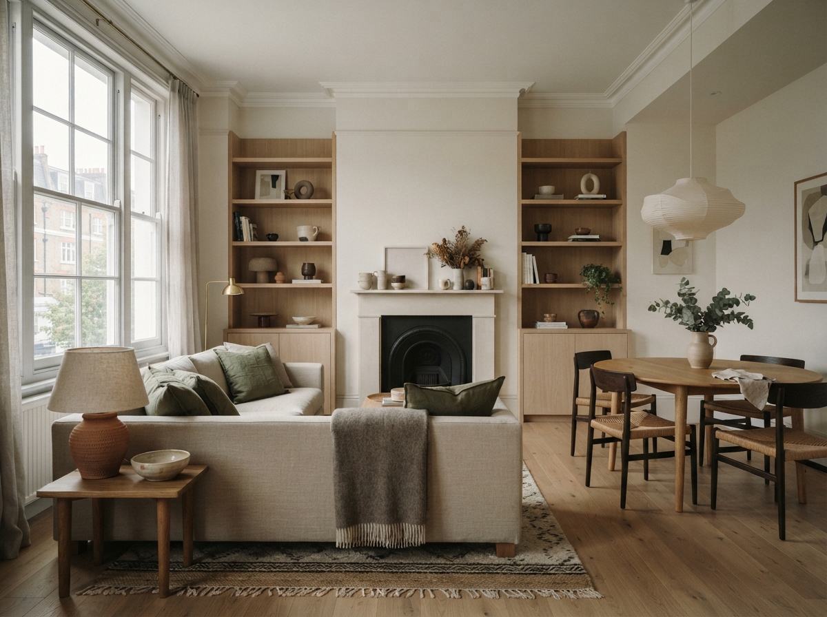 Neutral living-dining room with fireplace, built-in wood shelving, sofa, dining table, plants, and large windows.