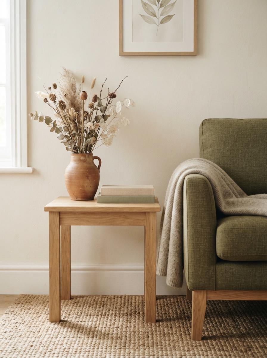 Sunlit living-room corner with a wooden side table, dried flowers, books, green armchair, blanket, and botanical print.