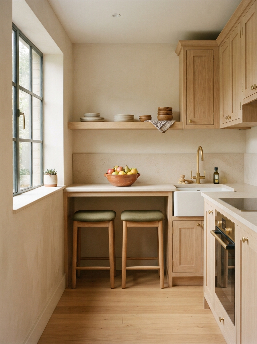 Compact beige kitchen with wood cabinets, open shelving, farmhouse sink, fruit bowl, and two stools.